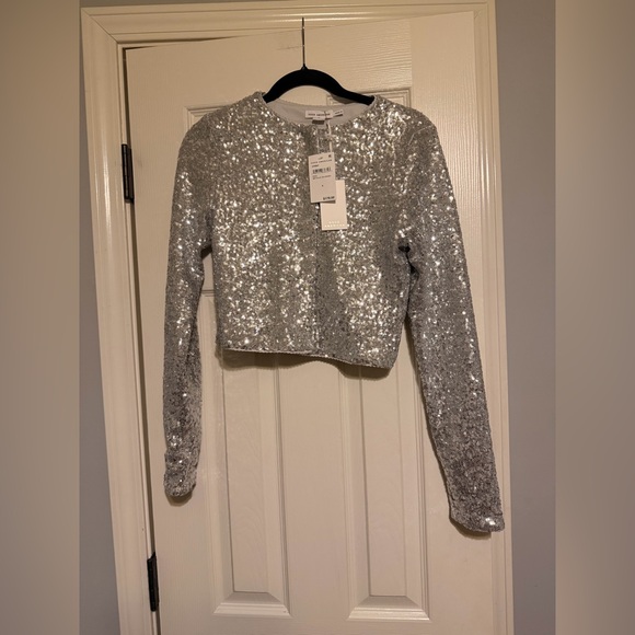Good American Tops - Good American Metallic Silver Sequin Cardigan  Top